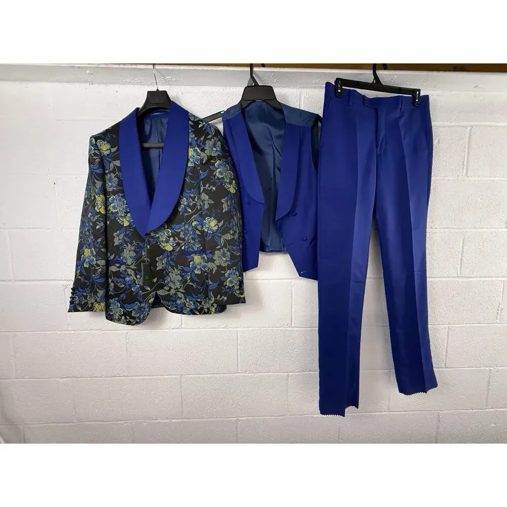 Pietro Scarlatti Mens Suit Tuxedo US 38 EU 48 Floral Blazer Vest Pants Blue T4